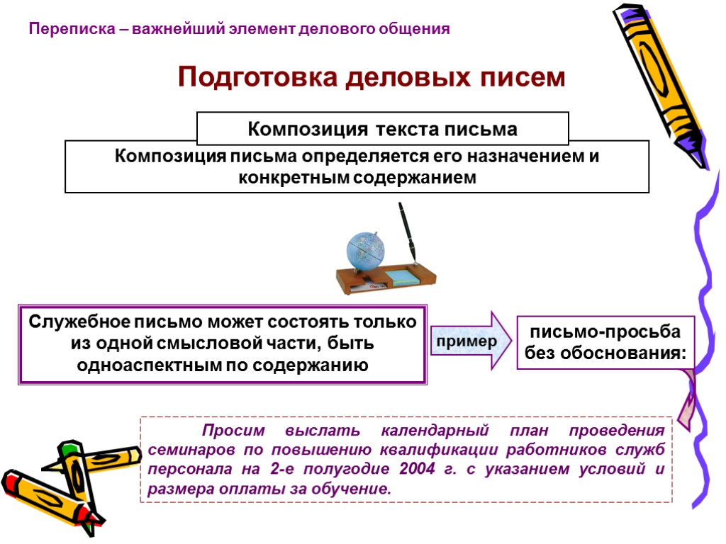 пример Композиция письма определяется его назначением и конкретным содержанием Переписка – важнейший элемент делового